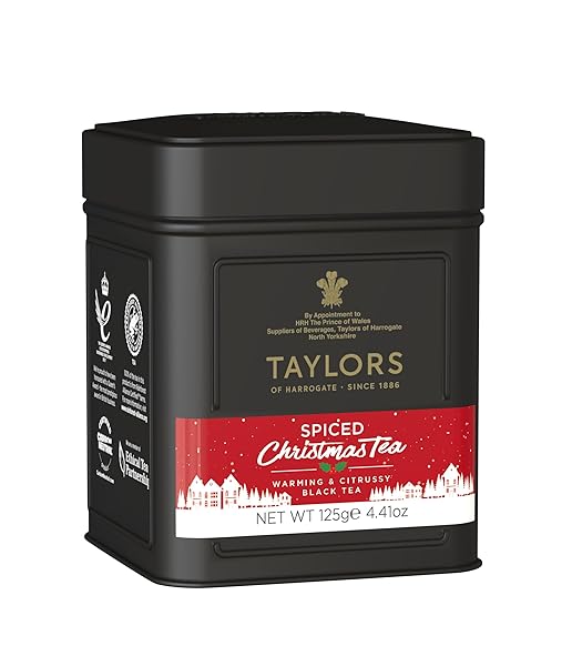 TAYLORS OF HARROGATE SPICED CHRISTMAS, HOLIDAY BLACK TEA, LOOSE LEAF, 4.41 OUNCE TIN CADDY, DEEP, FESTIVE AND SPICED, CAFFEINATED, PREMIUM WHOLE LEAF TEA