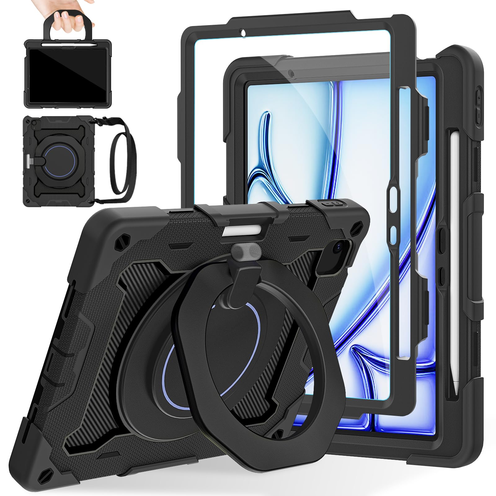 Photo 1 of ROISKIN for iPad Air 11 inch Case M3 2025/M2 2024(Air 7th/6th Generation)-with HD Screen Protector, 360 Rotating Kickstand/Handle, Shoulder Strap, Pen Holder, Heavy Duty Military Grade - Kids Friendly