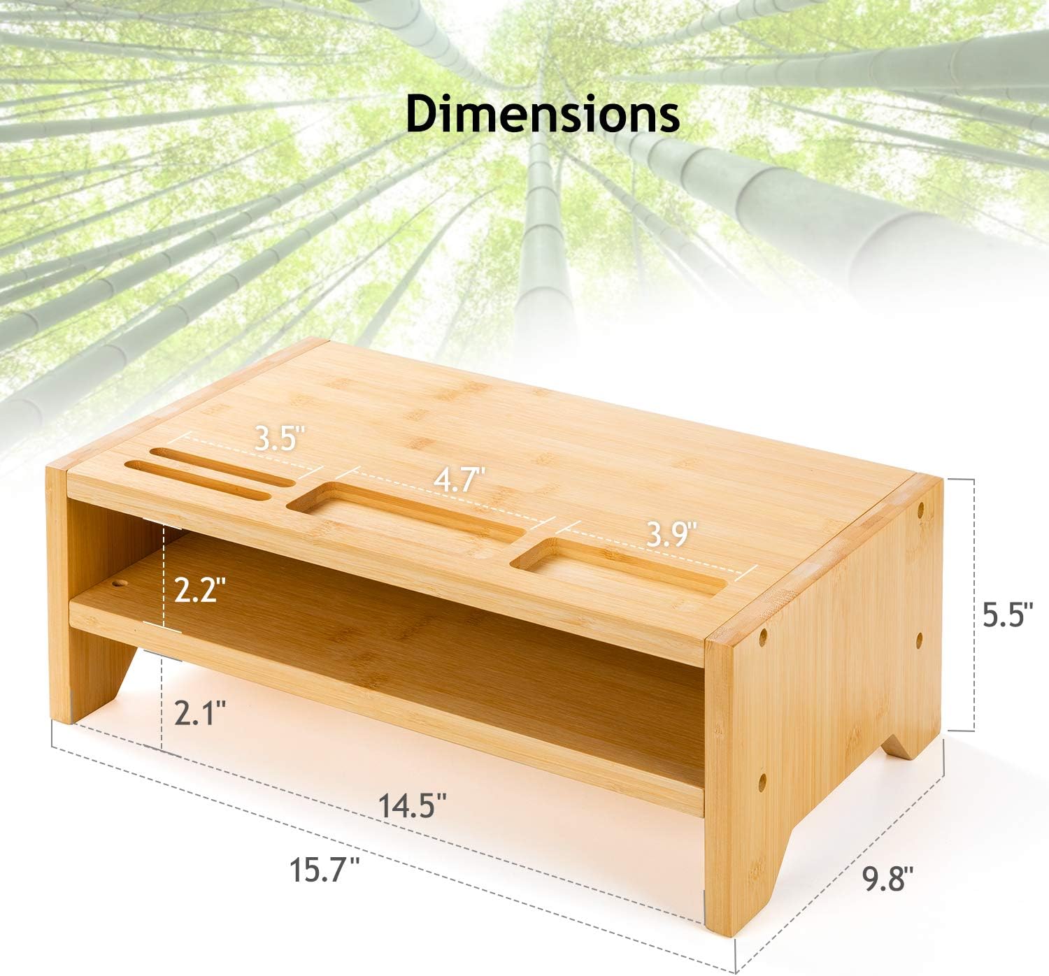 2-Tier Bamboo Desk Monitor Riser Stand - Desk Storage Organizer for Home and Office Computer Desk Laptop Cellphone Printer Stand Desktop Container by AMADA HOMEFURNISHING : Office Products