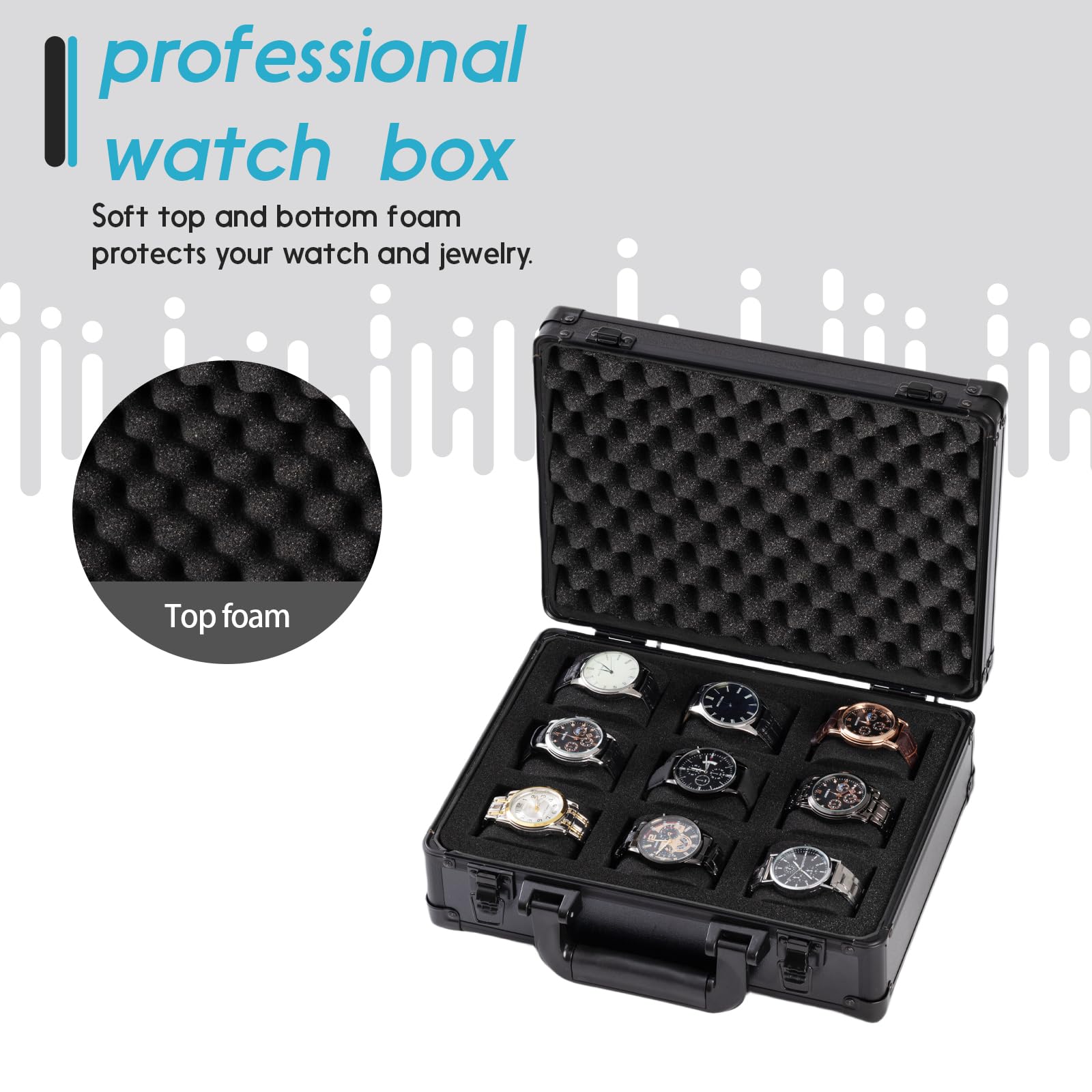 Comlly Metal Watch Box, 9-Slot Watch Case, Removable Watch Pillows, Watch Box Organizer, Gift for Loved Ones, Black aluminum，Christmas Gifts