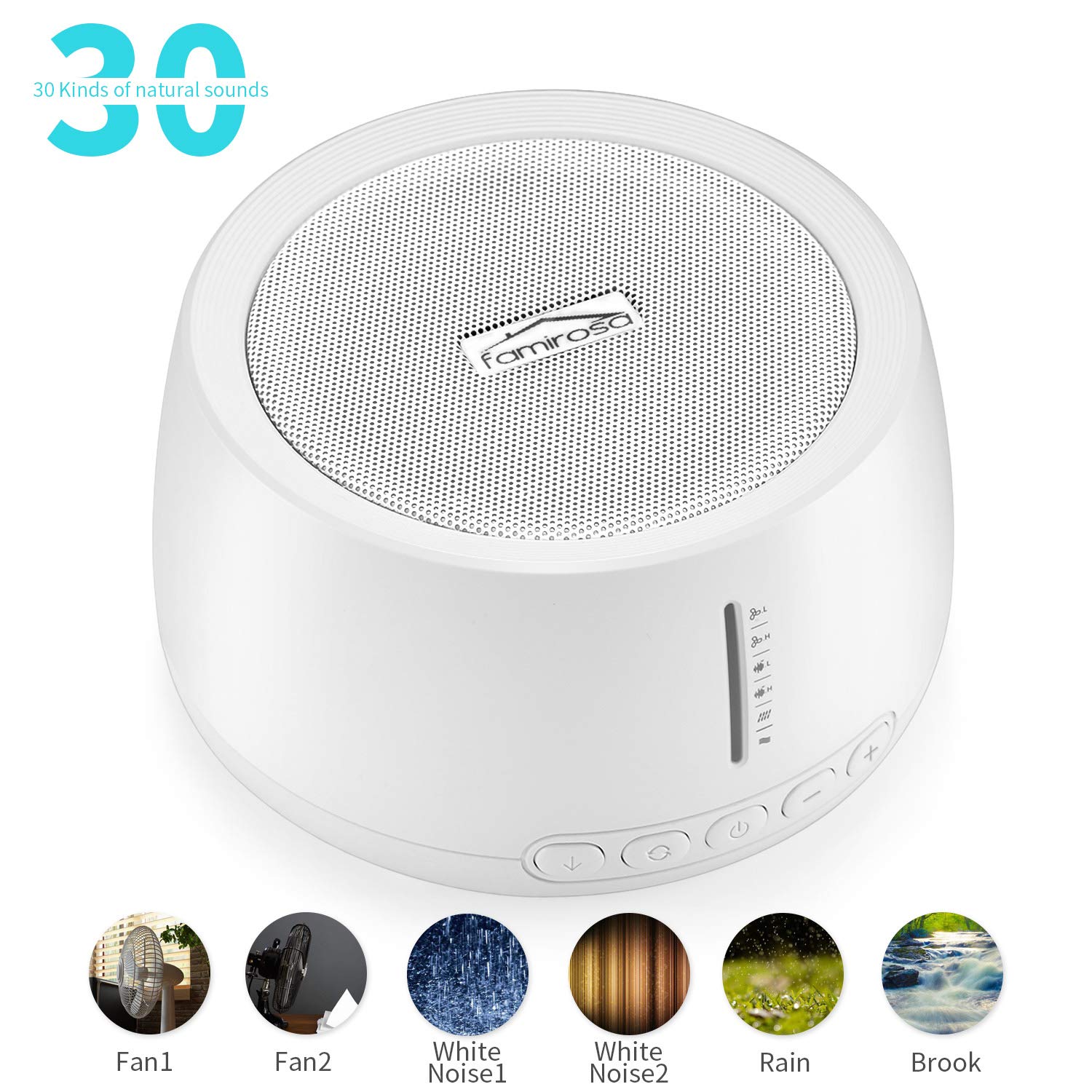 White Noise Sound Machine for Sleeping, FAMIROSA 30 High Fidelity Soothing Sounds with High Quality Speaker, Memory Function & Earphone Jack for Baby, Adult, Office, Travel with Fan & Nature Sounds