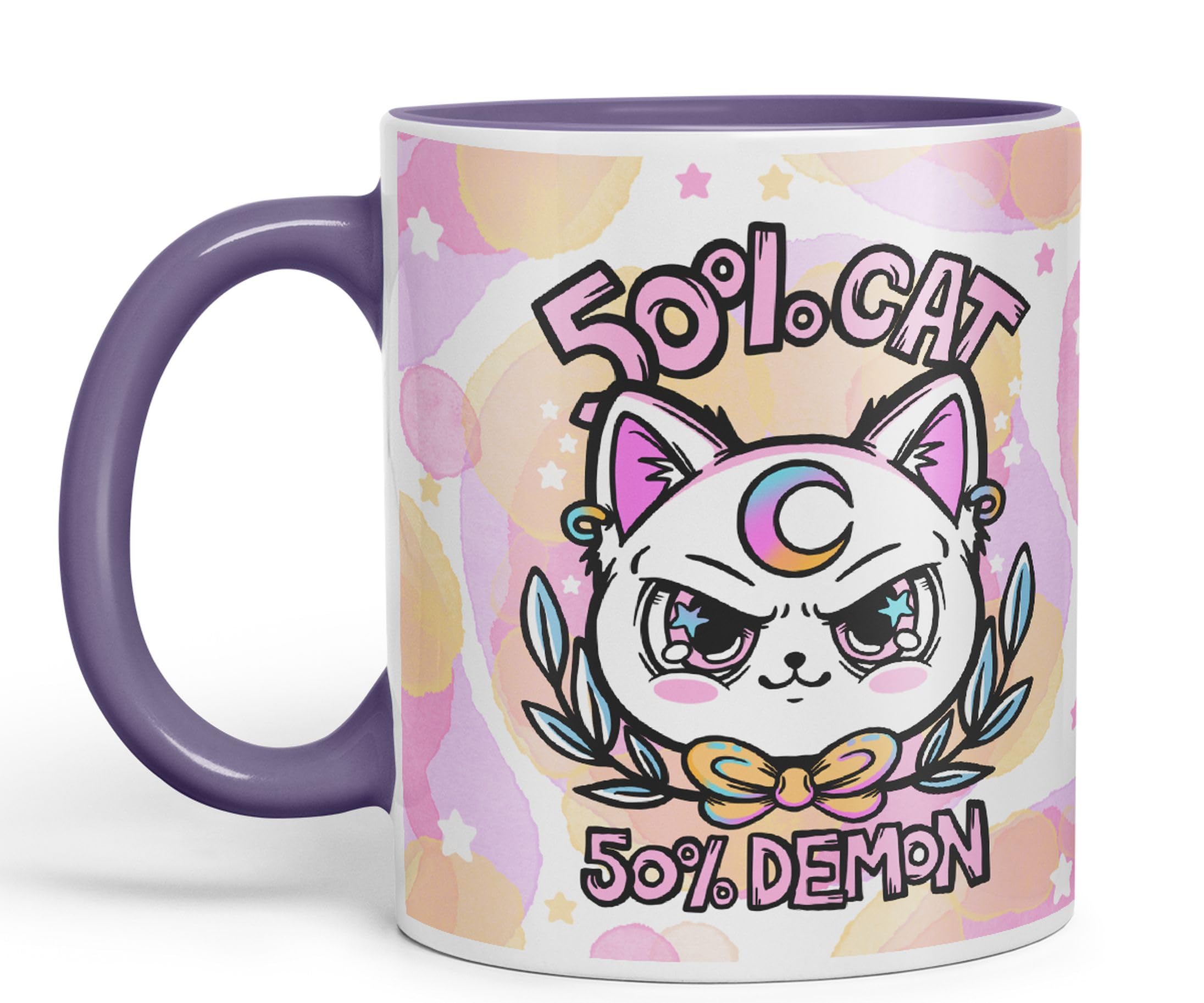 Vixar 50% Cat 50% Demon Cute cat Lovers, Kawaii Joke Coloured Ceramic Mug Cup Gift 330ml 11oz Work Office Tea Coffee (Purple)