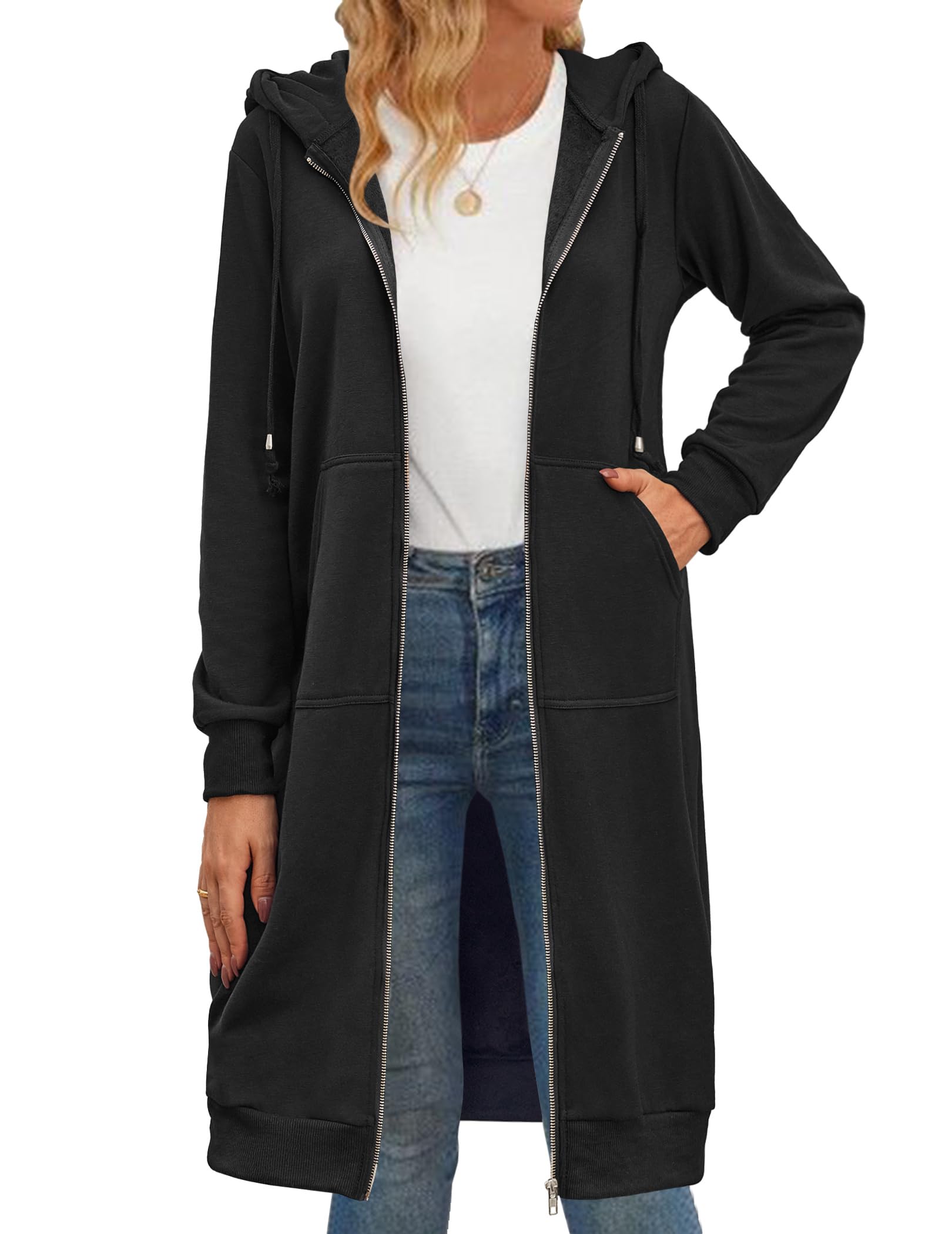 Zeagoo Women Casual Zip up Hoodies Fleece Tunic Sweatshirt Oversized Long Hoodie Jacket with Pocket Black