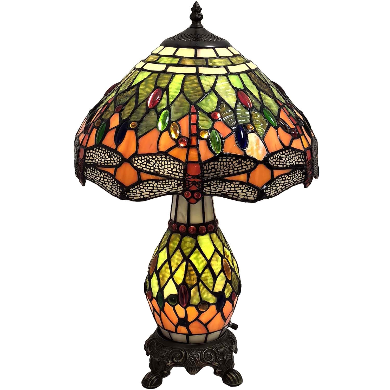 Bieye L30566 Dragonfly Tiffany Style Stained Glass Table Lamp with 12-inches Wide Handmade Lamp Shade Double Lit for Bedroom Bedside Living Room, 19-inches Tall, Green Orange…