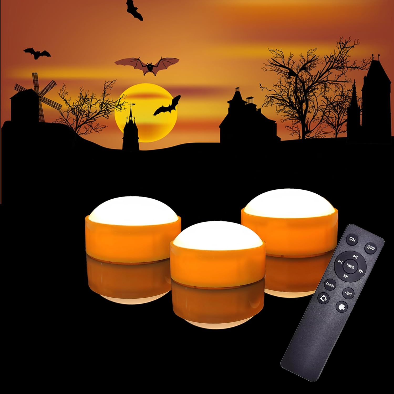 Lighting - 3 Pack Halloween Pumpkin Lights with Remote and Timer, Bright Flickering Battery Operated LED Light Flameless Candle Set for Pumpkin Décor Jack-O-Lantern Halloween Party Home Decorations, Orange Color