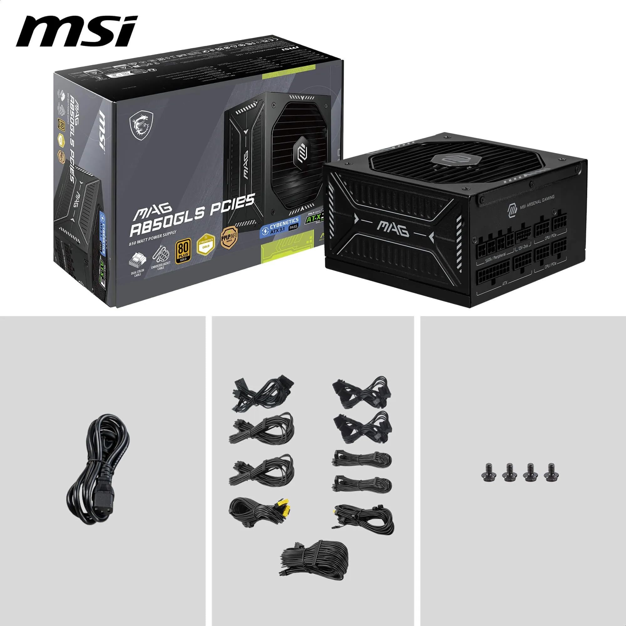 MSI MAG A850GLS PCIE5 Netzteil, 850W, 80 Plus Gold, ATX 3.1, PCIe 5.1 GPU Support, Native 12V-2x6, Zweifarbiger 12V-2x6 Anschluss, ATX PSU, Modulare Kabel 7