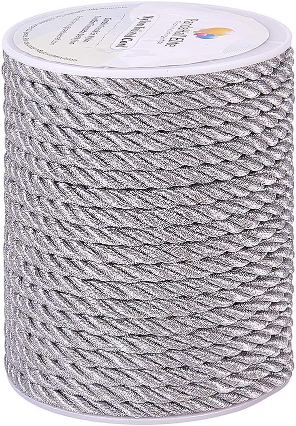 PH PandaHall 18 Yards(16.4m) 5mm Twisted Cord Trim 3-Ply Twisted Cord Rope Silver Nylon Crafting Trim Thread String for Curtain Tieback Gift Bags Rope Handles Handbags Handles DIY Craft Making