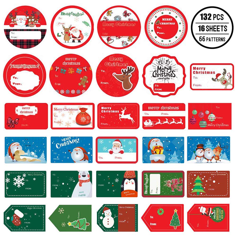 Photo 1 of 132 PCS Christmas Tags Stickers Self Adhesive Santa Snowmen Xmas Tree Deer Christmas Festival Birthday Wedding Holiday Decorative Presents Labels