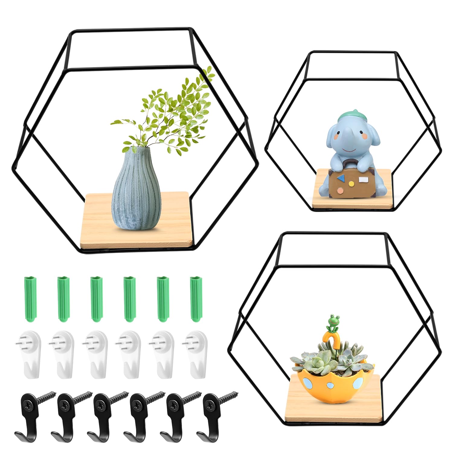 POXIAOER Floating Shelves, Hexagon Shelves 3 Pack Metal Wall Shelf Unit Modern Geometric Display Shelves Black Wall Shelves for Living Room Bedroom Decor, Shelf for Ornaments, Picture Frames