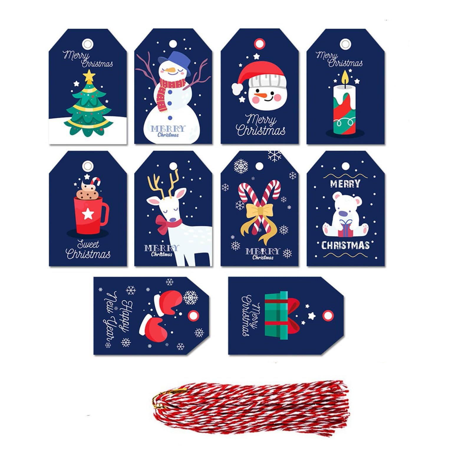 ZHIYE Christmas Tags, 50 Pieces 10 Styles Kraft Paper Tag Hang Labels with 50pcs Cotton String for Decorating Christmas Trees or Packaging