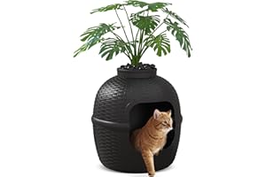 KEYGARZONE Hidden Litter Box with Faux Plant, Large Cat Litter Box with Rattan Pattern, Heavy Duty PP Material Litter Box Enclosure Furniture for Home Decor, Black