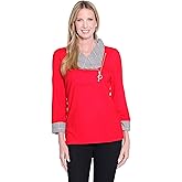 MULTIPLES Women's Band Cuff 3/4 Sleeve Zip Collar Top