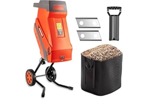 PROYAMA 15 - Amp Electric Wood Chipper, Corded Shredder with Collection Bag and Push Stick, Double Sided Blade System, Auto Shut - Off, 1.7 Inch Cutting Capacity for Leaves, Grass, Clippings