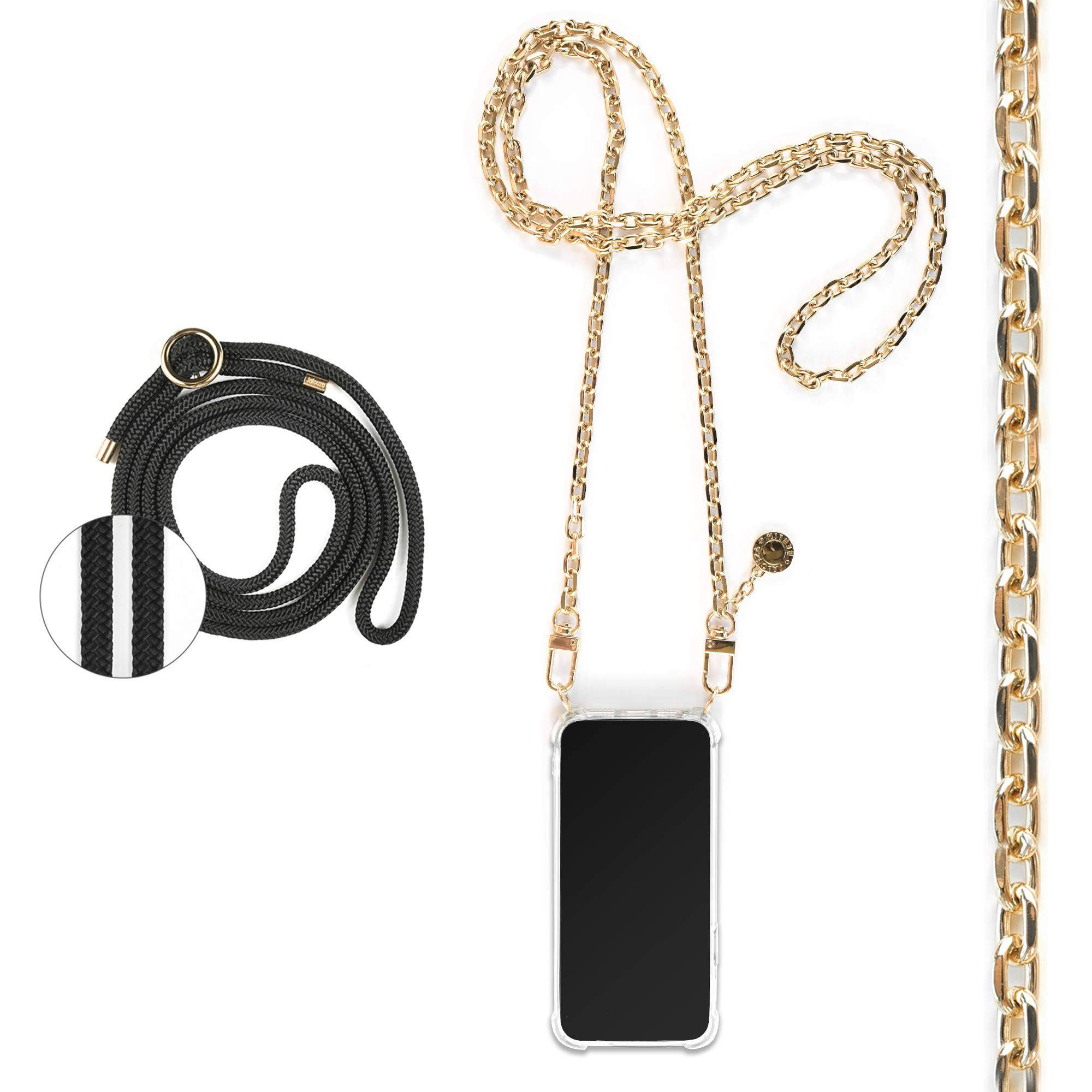 Jalouza Phone Necklace Chain Compatible with Huawei P20 Lite – Set with Golden Anchor Cable, Transparent Case and Black Cord – Crossbody Case for Apple iPhone – Premium Phone Neck Holder