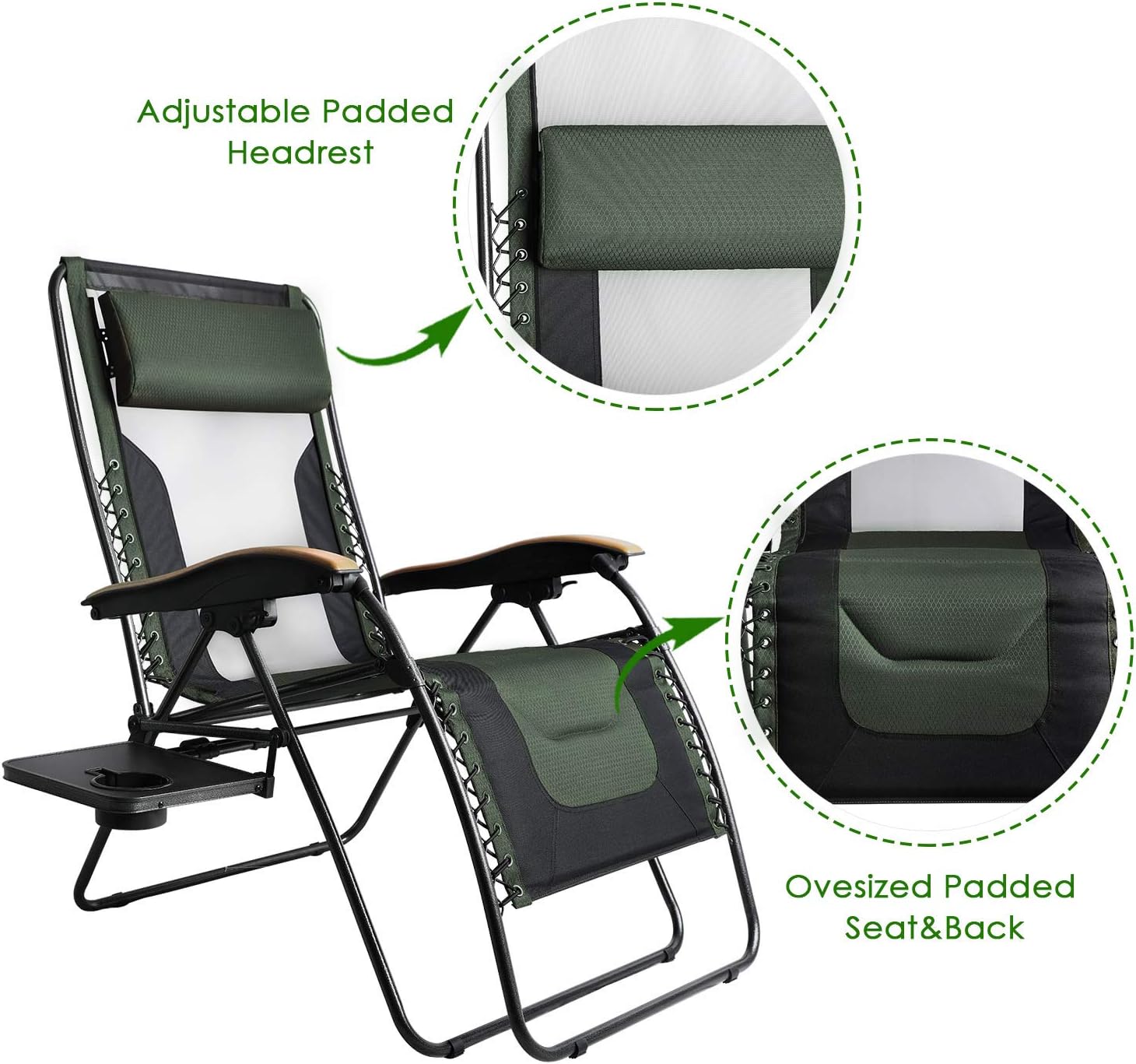 PORTAL Oversized Mesh Back Zero Gravity Recliner Chair, XL Padded Seat Adjustable Patio Lounge Chair with Lumbar Support Pillow and Side Table Support 350lbs (Dark Green) : Garden & Outdoor