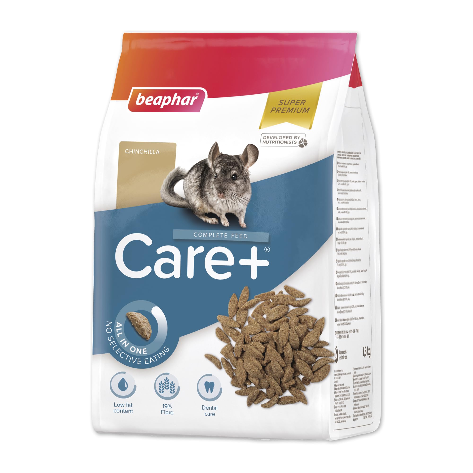 Beaphar - Care+® Chinchilla Food 1.5kg - All-in-one super-premium chinchilla food - Prevents selective feeding - High fibre to support digestion - Low fat content - For chinchillas of all ages