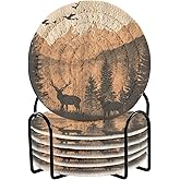 Nesatuwa 6 Pcs Deer Mountain Drink Coasters with Holder,Round Woven Coaster Set Absorbent Coasters for Tabletop Protection Table Home Decor, 4 Inch