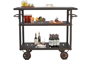 TOPOWER Industrial Bar Cart, Serving Cart with Wheels and Handle, 3-Tier Beverage All-Metal Cart with Removable Tray and Storage Shelves for Living Room Kitchen, Rustic Copper
