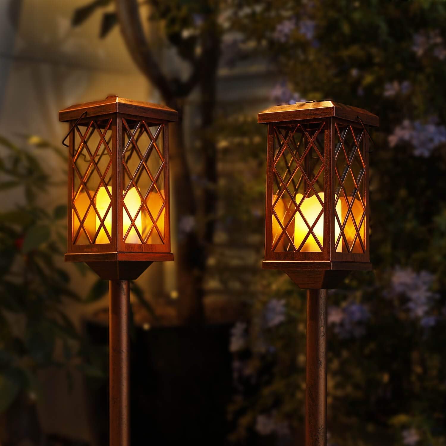 2Pack Outdoor Solar Garden Lights Decorative Flickering Flameless Candle Stake Lights Table Lantern for Patio, Yard, Lawn, Walkway (Bronze) : Garden & Outdoor