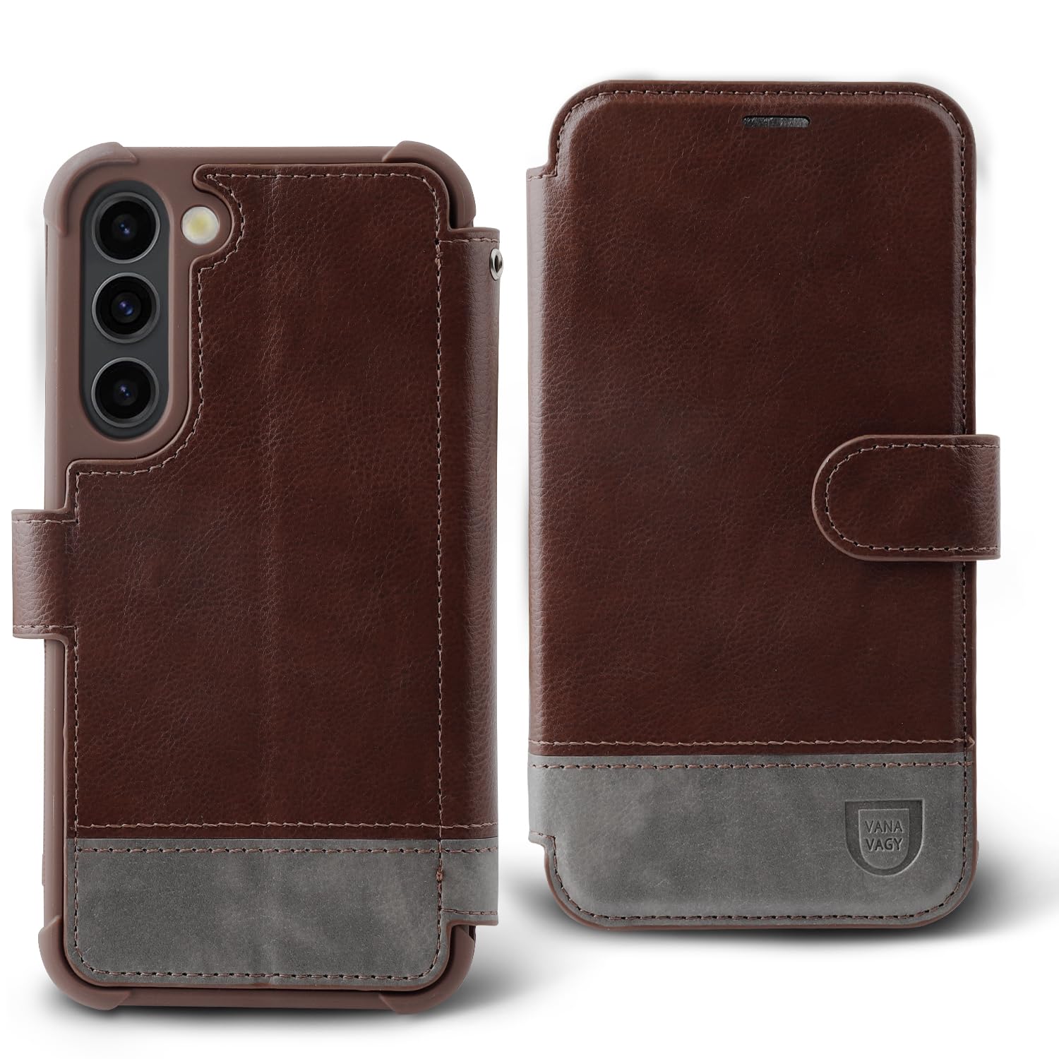 VANAVAGY Compatible for Galaxy S23 Wallet Case, 12ft Drop Protection, RFID Blocking PU Leather Flip Cover, Card Holder & Kickstand, Shockproof Phone Case for S23-6.1 Inch,Brown-grey