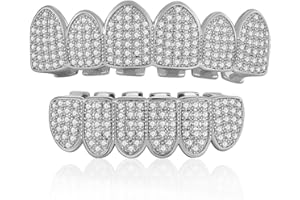 IS4U Grillz Gold Grills for Your Teeth Fake Teeth-Grilz Vampire Teeth Diamond Crystal Metal False Tooths Set 18K Gold Plated Iced Out Hip Hop Rapper Costume Gothic Halloween Vampire Bat Cosplay Party Accessories Jewelry for Men and Women