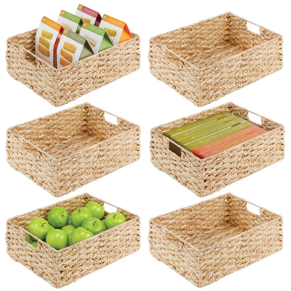 Photo 1 of mDesign Hyacinth Braided Woven Kitchen Basket Bin with Built-in Handles for Organizing Kitchen Pantry, Cabinet, Cupboard, Countertop, Shelves - Holds Food, Drinks, Snacks - 6 Pack - Natural/Tan