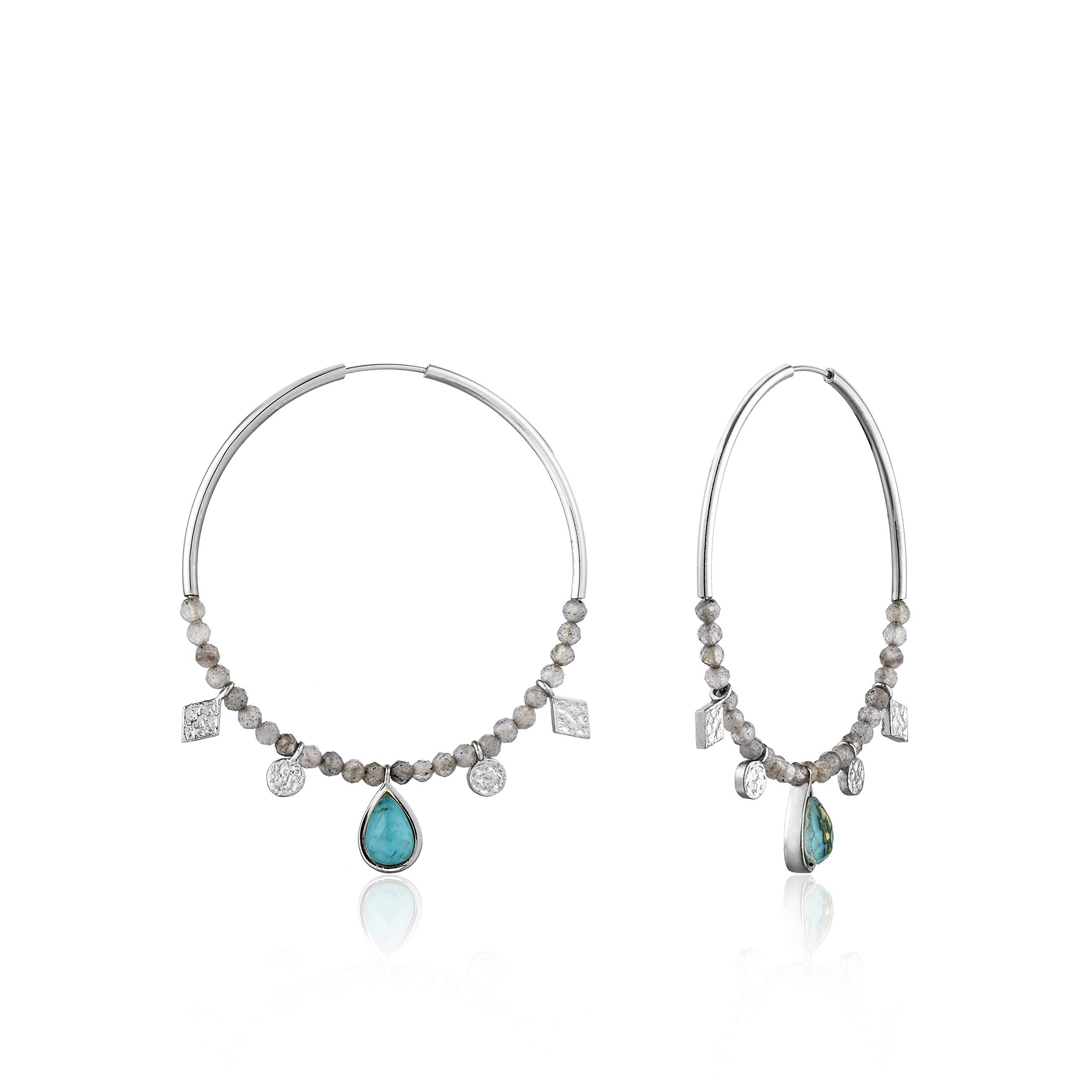 Sterling Silver Dangle Drop Turquoise Labradorite Cubic Zirconia Hoop Earrings, Rhodium Plated