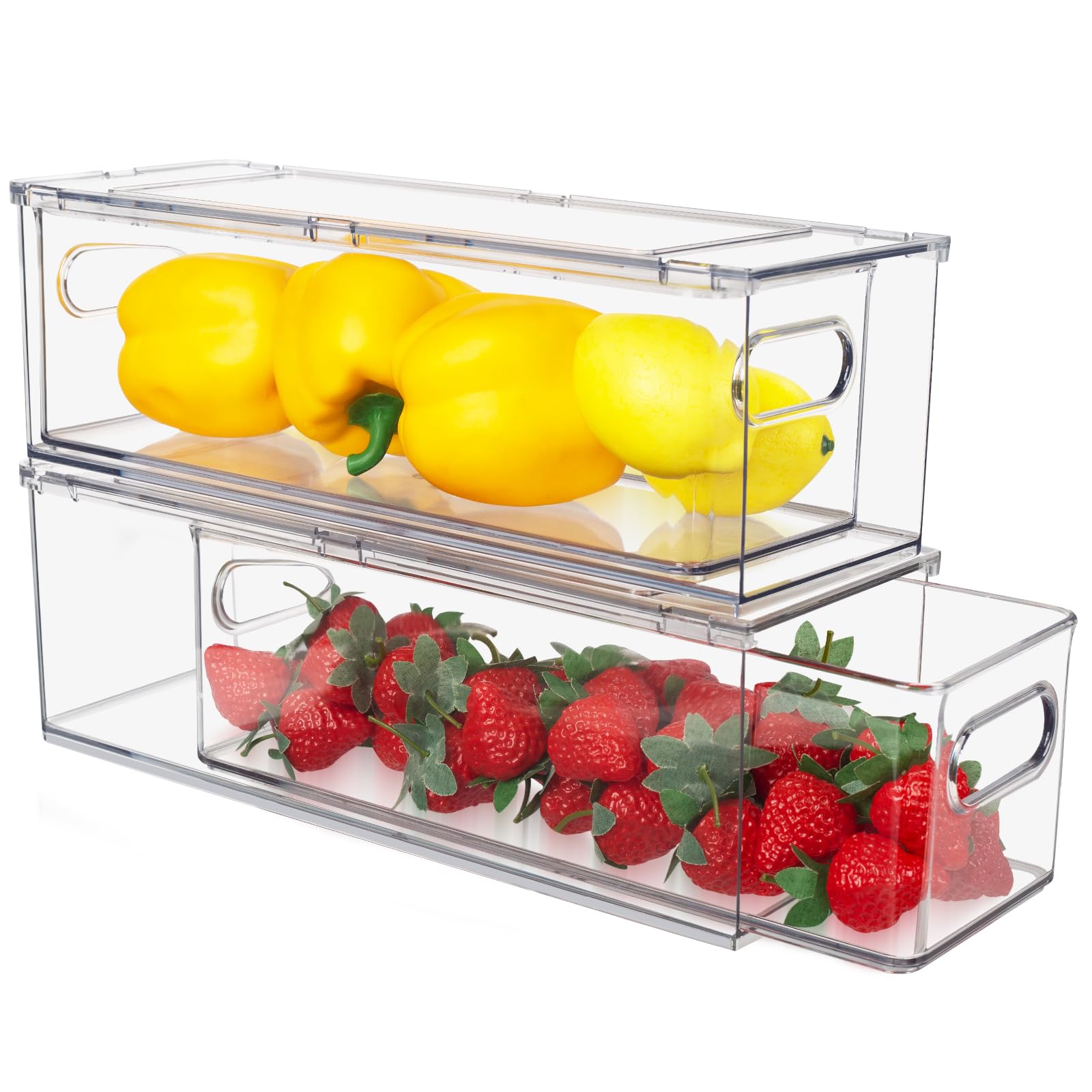 Photo 1 of Abiudeng 2 Pack Stackable Refrigerator Organizer Bins with Pull-out Drawer, Drawable Clear Fridge Drawer Organizer with Handle, Plastic Kitchen Pantry Storage Containers