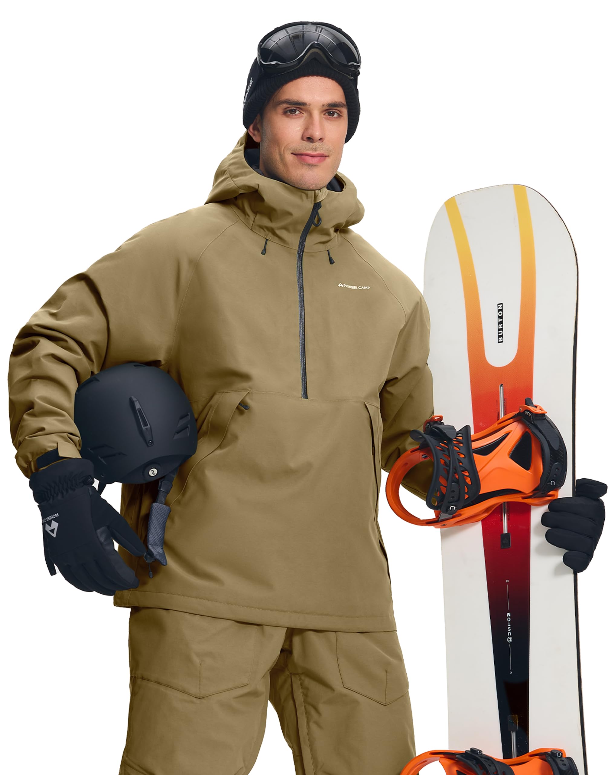 Photo 1 of Pioneer Camp Snowboard Jacket Men Waterproof Insulated Baggy Quarter Zip Pullover Snowboarding Skiing Coat with Hood Khaki