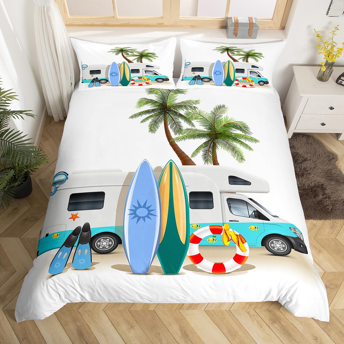 Loussiesd Beach Vacation Theme Bedding Set for Children Kids Boys Girls Beach Coconut Tree Skateboard Motorhome Print Duvet Cover, Modern Travel Microfiber Beds Cover 2 Pcs Single — image 1