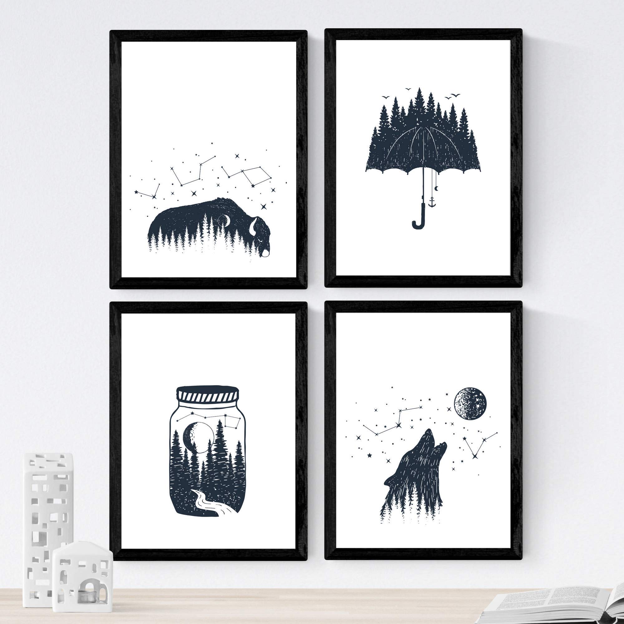 Nacnic Set of 4 prints of Wild Forest. Beautiful nature designs in nordic style. Wall decoration for your home, office or shop. A4, frameless.
