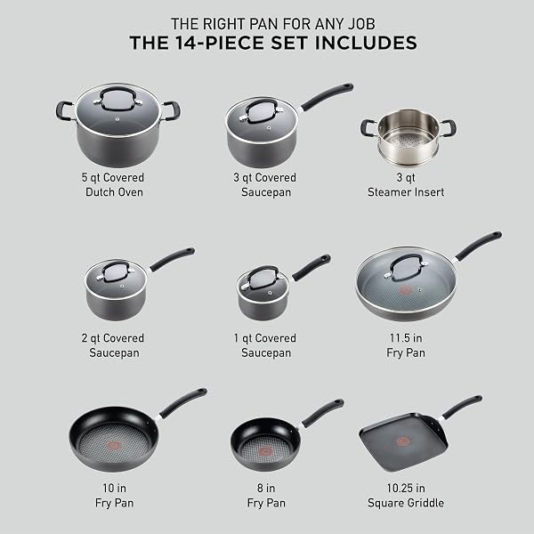 T-FAL ULTIMATE HARD ANODIZED NONSTICK POTS AND PANS SET 14 PIECE, OVEN BROILER SAFE 400F, KITCHEN COOKING SET W/FRY PANS, SAUCEPANS, GRIDDLE, DUTCH OVEN, DISHWASHER SAFE, COOKWARE, BLACK