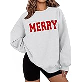 LETSEE Merry Sweatshirts for Women Christmas Chenille Patch Sequin Crewneck Sweaters Fleece Xmas Holiday Top