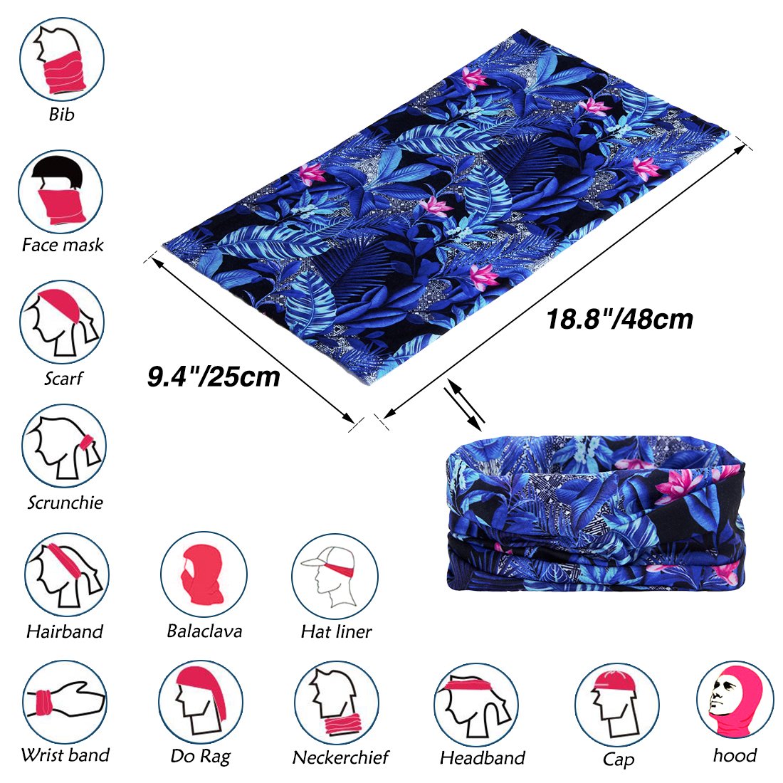 TUONROAD 3D Printed Floral Blue Leaves Pink Flowers Magic Headband Sweatband Custom SPF Scarf Tube Snood Face Bandana Multifunctional Headwear for Snowboarding Skiing Snowmobile Riding Yard working