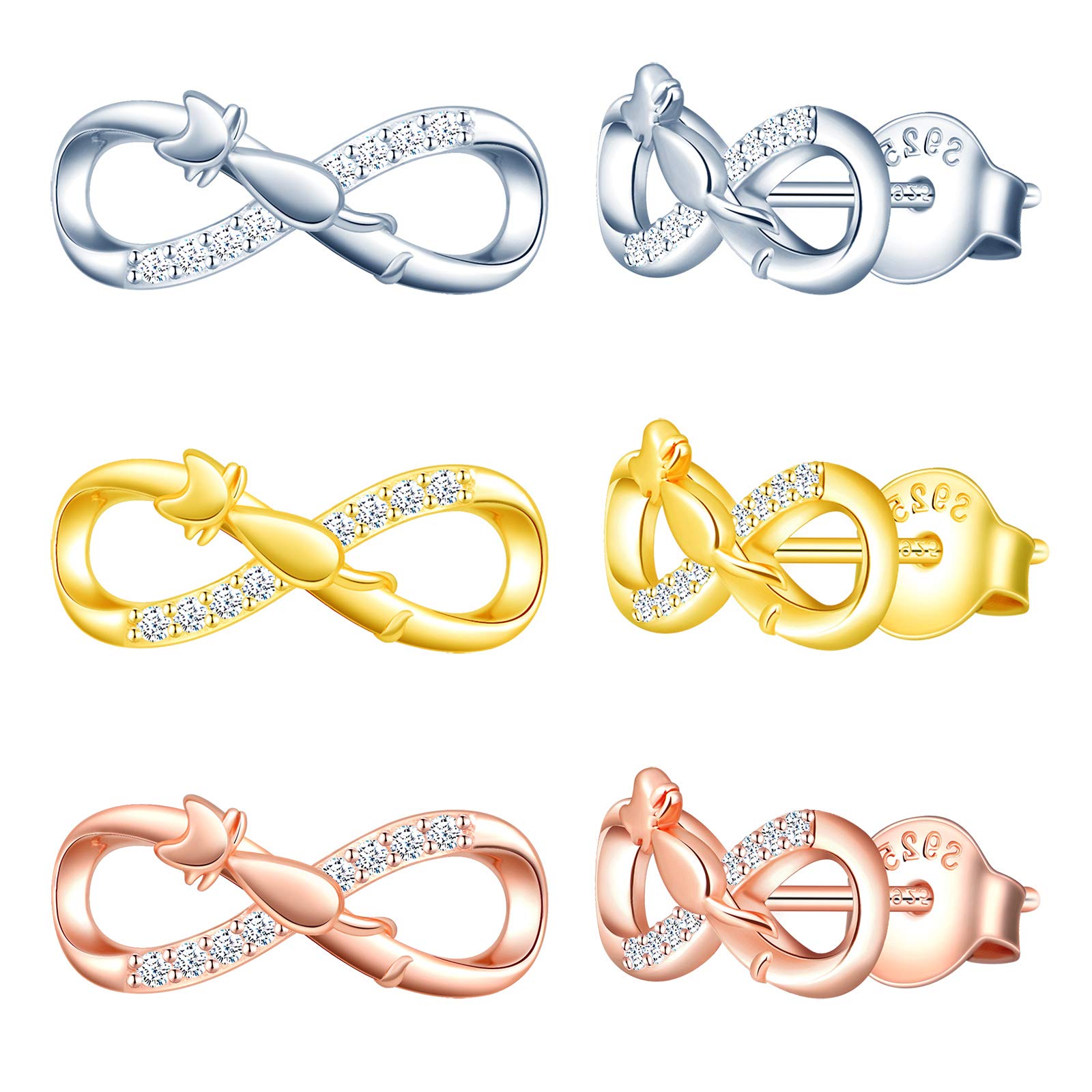 MicLee Woman's girl's Earrings, 925 Sterling silver earrings, Mini Cat and infinity symbol earrings studs, Inlaid zircon