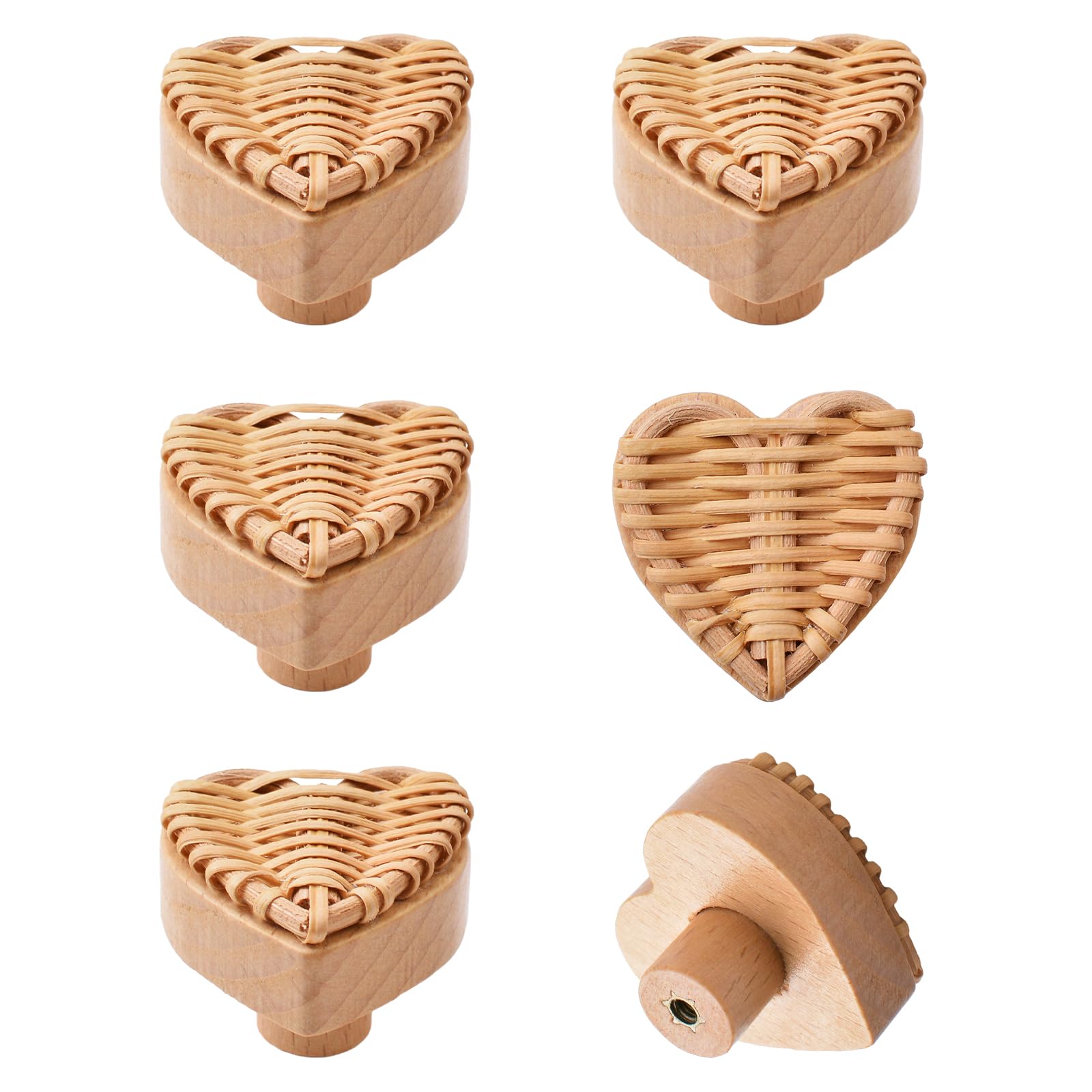 MOROBOR Boho Rattan Dresser Knobs, 6PCS Heart Shaped Wood Drawer Knobs Handmade Wicker Woven Drawer Knobs with Screws for Cabinets Wardrobe Drawer (Wood-Color)