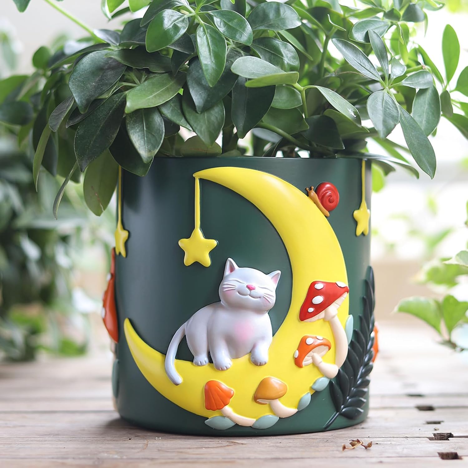 AmiCera Cute Moon Cat Flower Pots, Rainbow Unique Plant Pot with Drainage, Colourful Small Planterss for Indoor Plants, Funky Succulent Garden Pot Eclectic Home Decoration, Dark Green