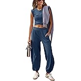 Springrain Womens Two Pieces Outfits Casual Lounge Sets Cropped Tops Sweatpants Tracksuit with Pockets