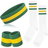 ONUPGO 5 Pieces Sweatbands Striped Socks Set Sports Headband Wristbands High Tube Socks 80s Accessories Costumes
