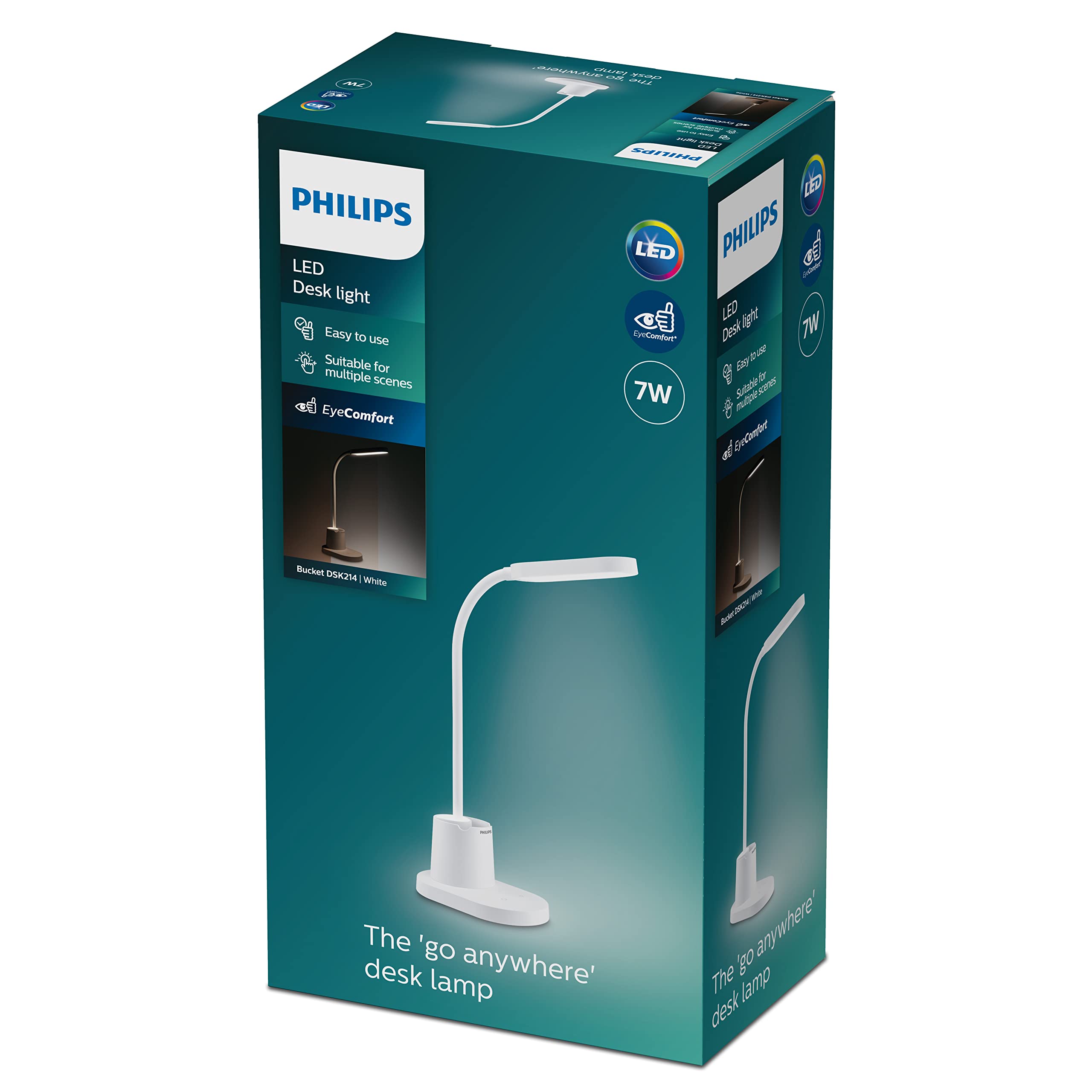 Philips LED Bucket Desk Lamp [Cool White Light 4000K - White] 8W - Charge with USB. for Home Indoor, Work, Study, Reading Lighting