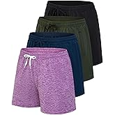 Real Essentials 4 Pack: Womens Athletic Dry-Fit Lounge Shorts with Zipper Pockets (Available in Plus Size)