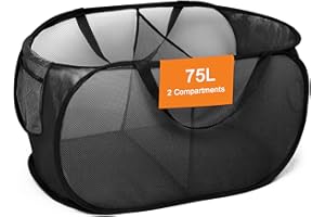 BEMKOO Foldable Laundry Baskets, Collapsible Mesh Laundry Hamper, Durable Pop Up Laundry Basket, 2 Compartments Clothes Hampers for Laundry, Easy to Carry & Sort for Dorm, Home, Kids Room, Travel Black