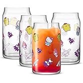 JoyJolt Sanrio Hello Kitty and Friends Daydream Tumbler Glasses, Kitchen Drinking Glasses Set of 4, 16oz Soda Can Shaped Glass Tumblers, Clear Glass Cups, Kawaii Cute Hello Kitty Stuff