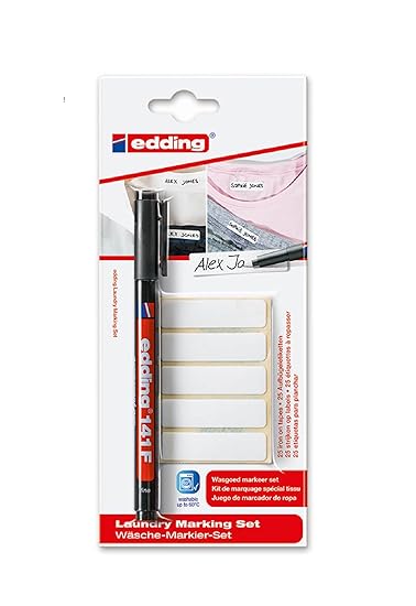 Edding Wäsche-Markier-Set mit dem Permanent-Textilmarkierungsstift Edding 141F und Blanko-Etiketten zum Aufbügeln Pen + 50 La