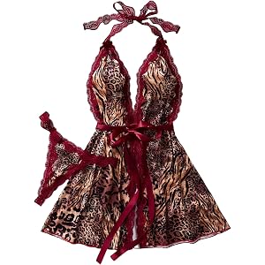 SOLY HUX Women's Leopard Lace Lingerie Set Halter Tie Front Mini Dress Babydoll Chemise Nightgown Sleepwear with Thong