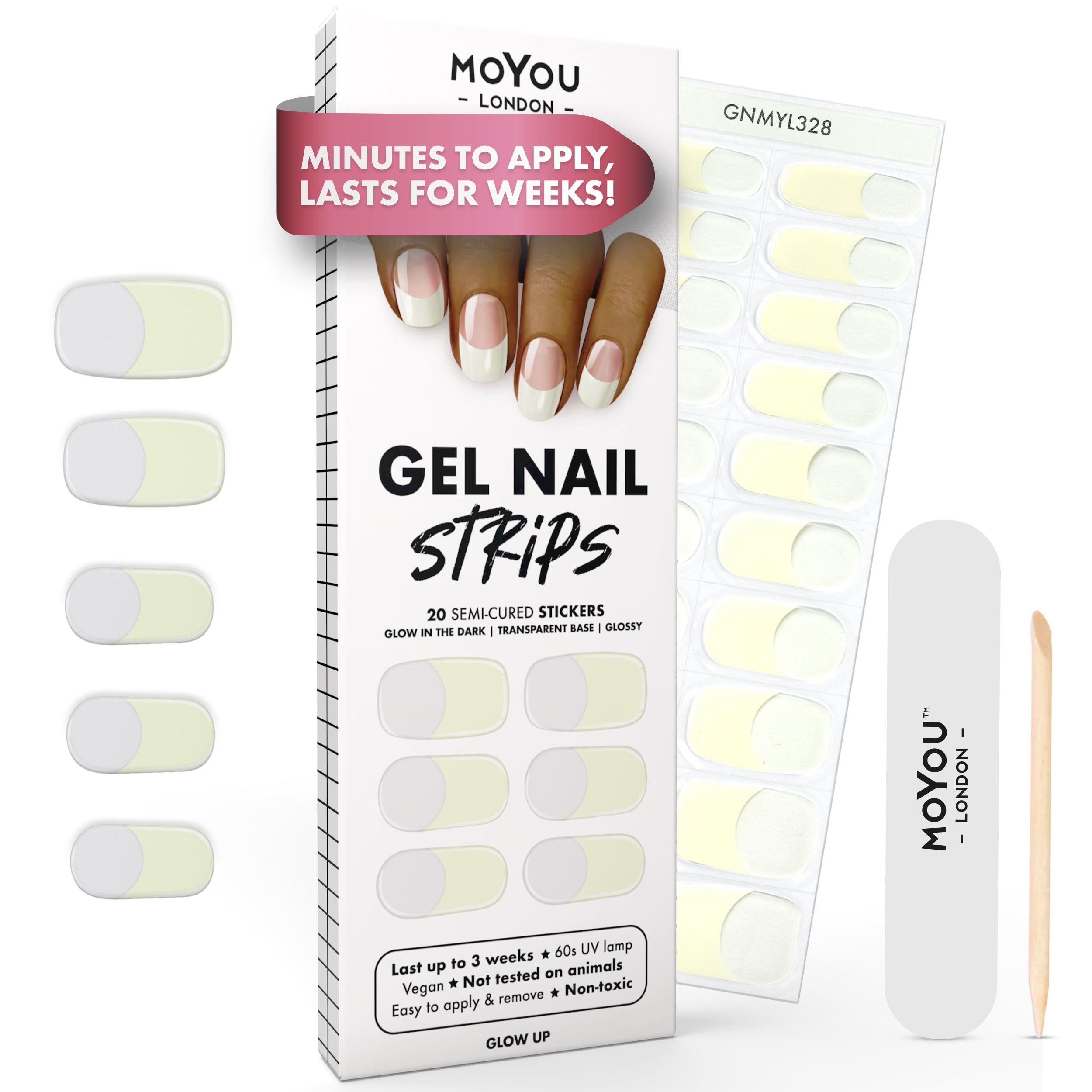MOYOU LONDON Semi Cured Gel Nail Strips - 20 Pcs. Waterproof Gel Nail Wraps, Cures in Sunlight or UV/LED Lamp, Lasts Up to 2+ Weeks, Stretchable, Easy to Apply & Remove, Vegan & Cruelty-Free