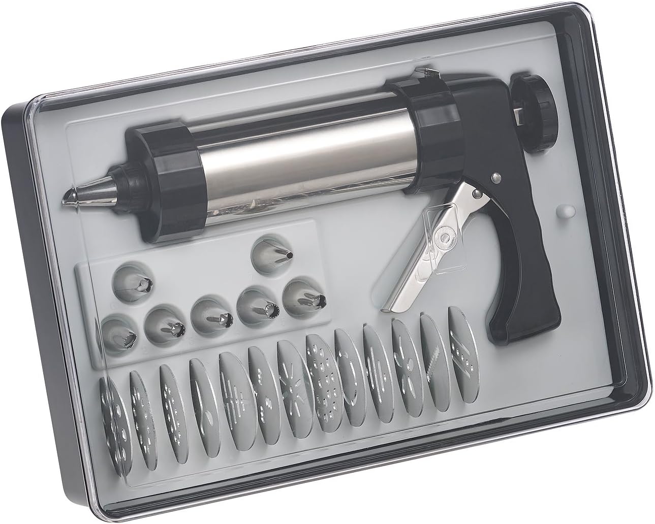 Rosenstein & Söhne Gebäckspritze: Profi-Edelstahl-Gebäckpresse & Garnierspritze, 13 Schablonen, 8 Tüllen (Gebäckspritze Edelstahl)