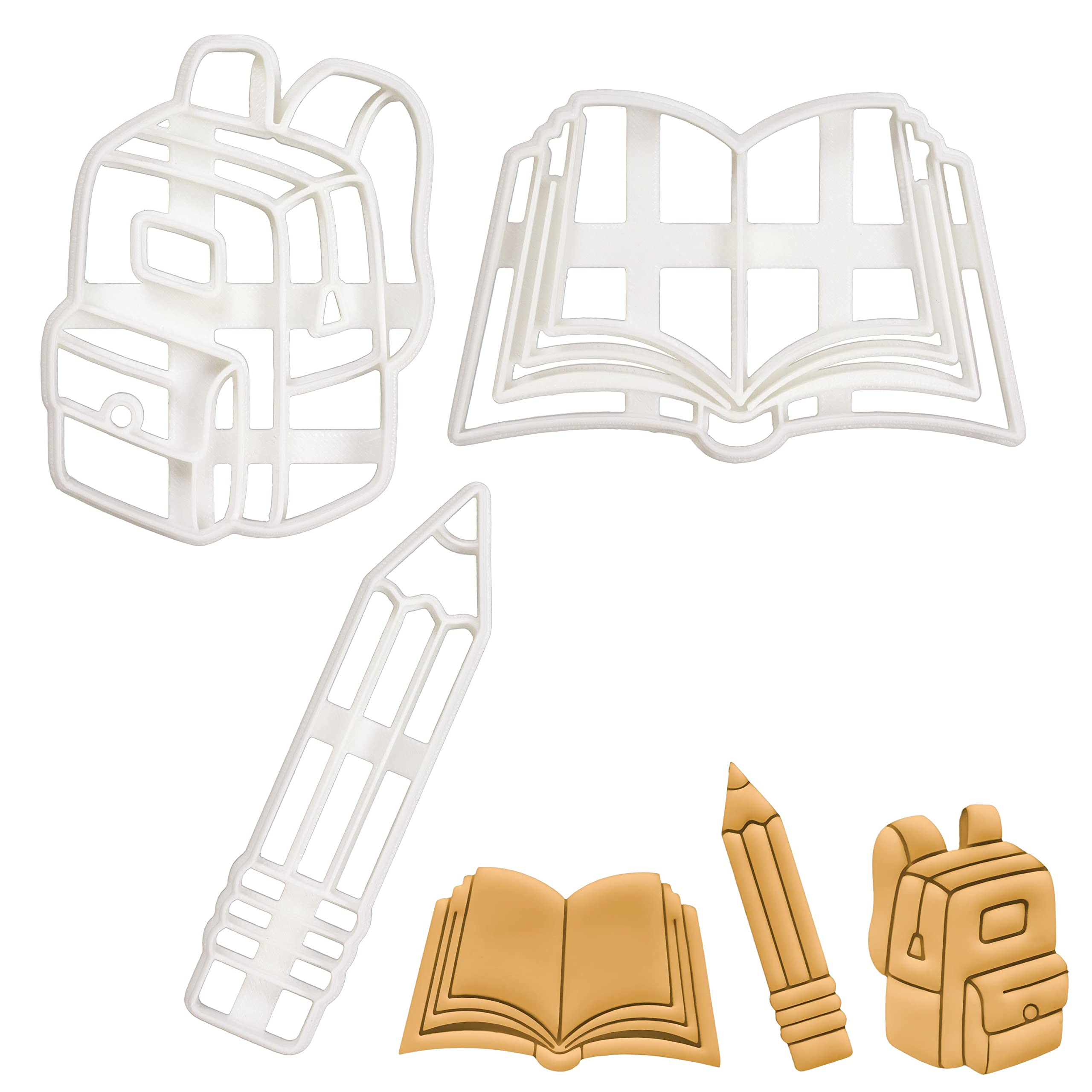 BAKERLOGY Set of 3 Back to School Themed Cookie Cutters (Designs: Backpack, Book, Pencil) - Detailed Biscuit Cutter Design for Baking and Crafts, Ideal on Fondant, Dough, Clay