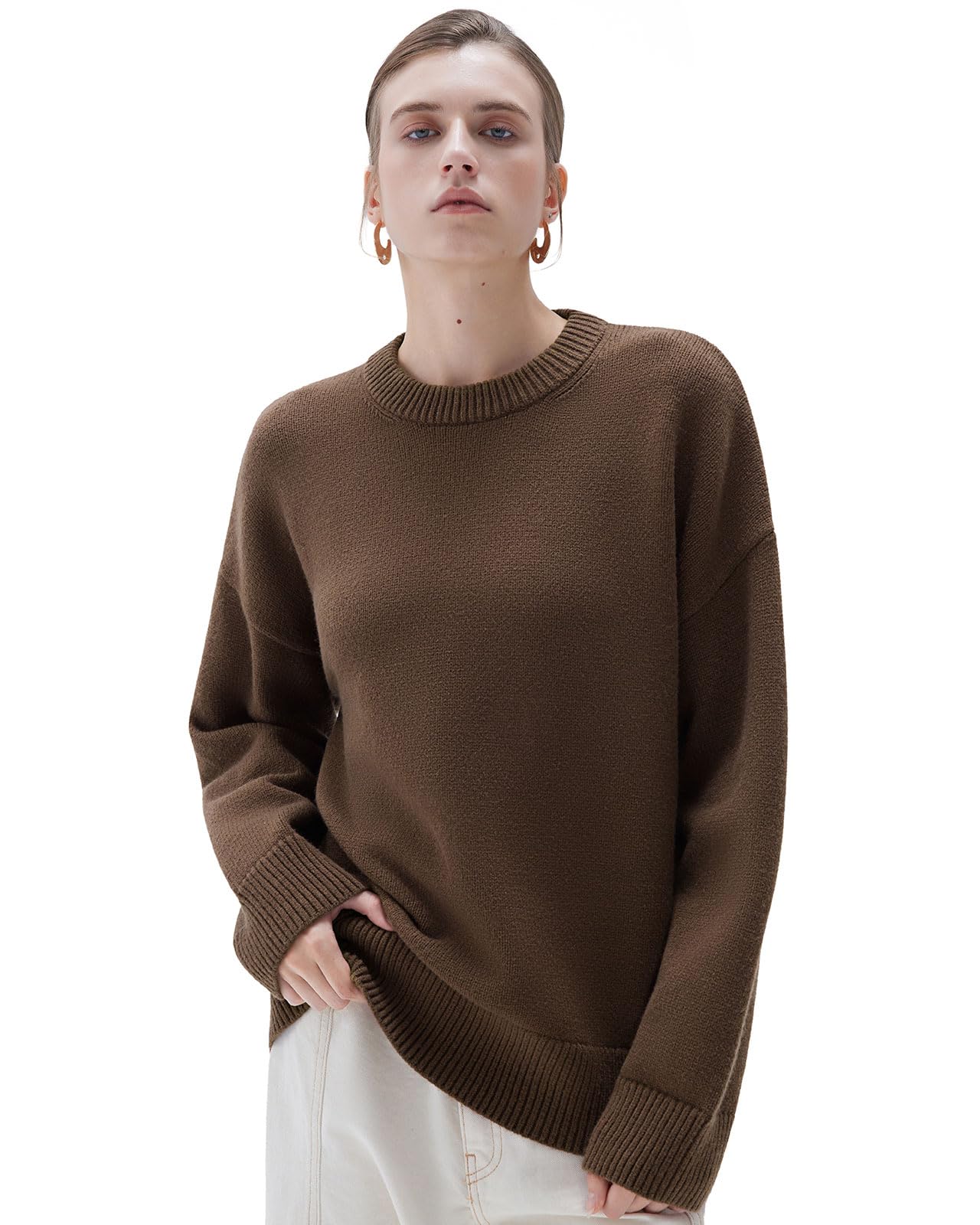 Photo 1 of SUUKSESS Women Cashmere Oversized Sweaters Long Sleeve Pullover Tops Fall Outfits Crew Neck Jumpers (Cocoa Brown,M)