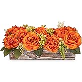 DILATATA Flower Arrangement with Wooden Vase 14" Artificial Flowers in Pot - Fake Flowers Roses Peonies Hydrangeas in Wooden Vase Potted Flower Centerpieces for Table Decor Living Room - Burnt Orange